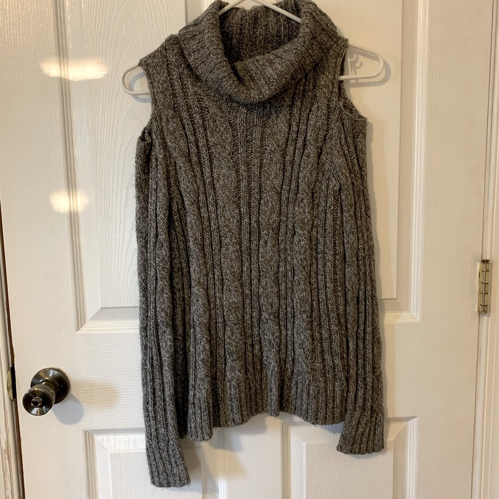 Grey Cold Shoulder Turtleneck Sweater